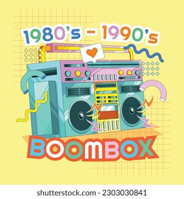 80's 90's Boombox Cartoon Illustration with Colorful Style and Memphis Geometric Objects Background