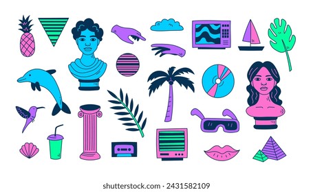 80s 90s doodle design elements vector set. Modern colorful retro aesthetic. Travelling tourism vacation illustrations. Vintage vaporwave collection. Summer nostalgia
