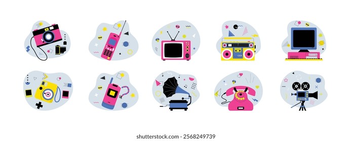 80s to 90s electronic devices with distinctive characters, attractive and striking colors, nostalgic concept, vector illustrations.