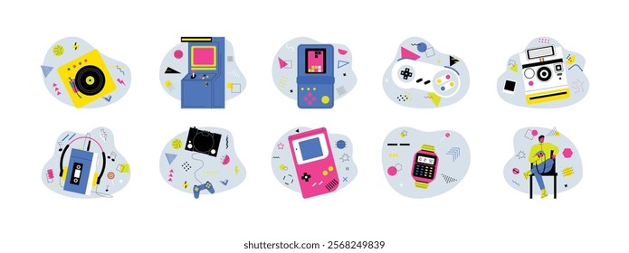 80s to 90s entertainment items, fun nostalgia concept, vector illustration.