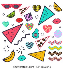 80s, 90s fashion design elements: avocado, lips, sunglasess, animal skin pattern, limon, heart and banana, geometric figures. Vector cartoon set isolated on a white background.