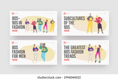 80s 90s Fashion Landing Page Template Set. Happy Characters in Stylish Clothes and Hairstyle Dancing Disco, Training, Listen Music with Tape Recorder, Retro Party. Cartoon People Vector Illustration