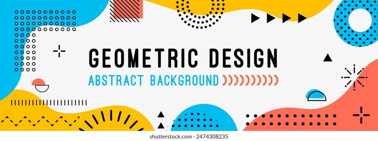 80s 90s geometric memphis banner. Modern abstract vector background, dynamic layout features geometric design with Memphis hipster style shapes and patterns in bright yellow, blue, and red colors
