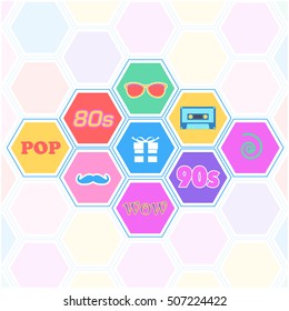 80s, 90s Geometric Trend Vector Illustration with Colorful Hexagon Elements. Retro Style Shop Ad Illustration