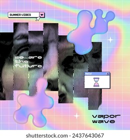 80s 90s holographic collage in the vaporwave style of a ancient Roman bust statue, some abstract fluid blobs, and vintage pc style icons. Vector