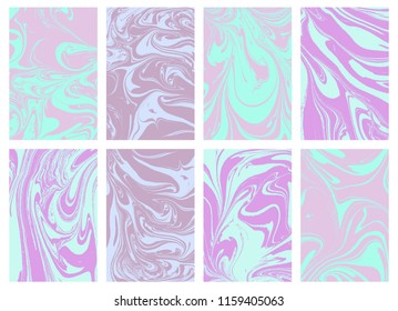 80s, 90s Liquid marble texture in color. Swirls and ripples holographic abstraction. Iridescent texture holography shapes. Template for design covers, posters, business cards, invitation, flyers. 