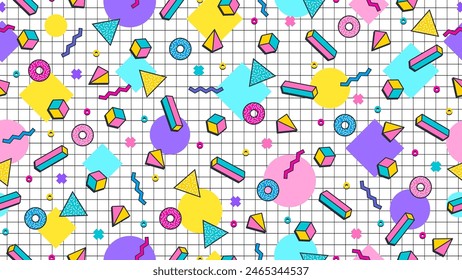 80s 90s memphis pattern with abstract graphic elements. Vector seamless background of modern line shape grid and trendy simple geometric ornament of color squares, triangles, dots and zig zags shapes