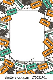 80s 90s music audio cassette tape and movie clapper A4 standard size frame vector illustration in retro hipster flat style. Social media, online shows, cards or presentation slide design.