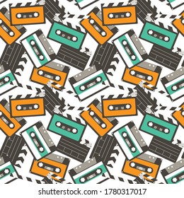 80s 90s music audio cassette tape and movie clapper seamless pattern vector illustration in retro hipster flat style. Social media, online shows, video podcasts translations