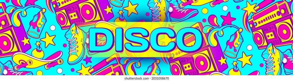 80s 90s music disco vector illustration in retro hipster cartoon style. Editable Website horizontal banner leaderboard social network group profile header image. 