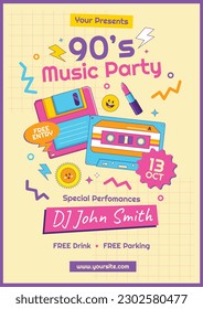 80's 90's Music Party Poster with Floppy Disk, Cassette, Lipstick, with Hipster Cartoon Colorful Style