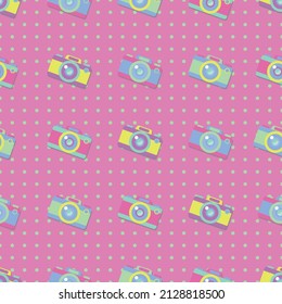 80s 90s photo camera seamless pattern pop art style. Retro vintage illustration. colors, photography, wallpaper, background, design, print, fabric, textile.