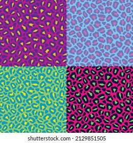 80s 90s pop art animal print seamless patterns. multiple bright neon colors variant leopard cheetah feline texture retro vintage hipster vector design wallpaper background print fabric textile  