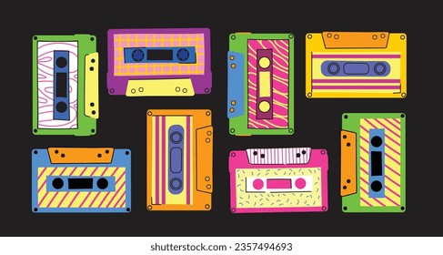 80's and 90's pop art style sticker set with disco equipment and retro objects in colorful vintage style. Boombox, record player and other flat isolated vector illustrations