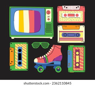 80's and 90's pop art style sticker set with disco equipment and retro objects in colorful vintage style. Boombox, record player and other flat isolated vector illustrations