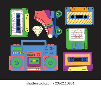 80's and 90's pop art style sticker set with disco equipment and retro objects in colorful vintage style. Boombox, record player and other flat isolated vector illustrations