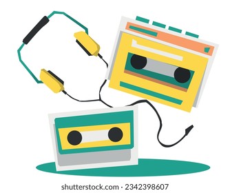 80s 90s portable player set, simple design, cassette, player, headphones in flat style, on white background