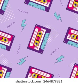 80s, 90s retro elements. Pattern with audio cassettes and geometrical elements in the Memphis style