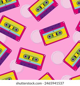 80s, 90s retro elements. Pattern with audio cassettes and geometrical elements in the Memphis style