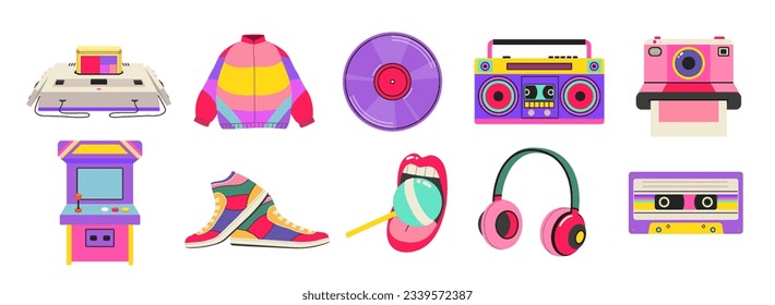 Conjunto de elementos retro de los años 80. Bandas clásicas de estilo vintage, grabadora de cinta con cassette, consola de juegos, chaqueta con zapatillas, labios con lollipop, cámara.