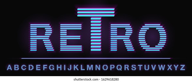 80's and 90's retro neon light style glowing line font. Sci-Fi Universe alphabet. Screen vintage TV glitch VHS effect. Vector illustration