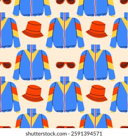 80s 90s seamless pattern in modern style flat, line style. Hand drawn vector illustration. Retro nostalgic fashion .