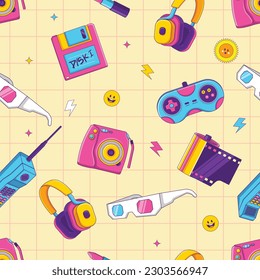 80's 90's Seamless Pattern with Vintage Objects Cartoon, Hipster, and Colorful Style