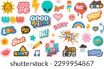 80s and 90s Sticker Pack Collection. Vintage pins. Set of cool patches vector design. Abstract retro badges. Love, lips, bang, fire, lol, flash, best, wow,hi.