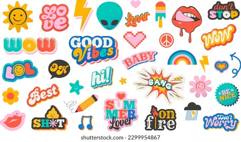 80s and 90s Sticker Pack Collection. Vintage pins. Set of cool patches vector design. Abstract retro badges. Love, lips, bang, fire, lol, flash, best, wow,hi. svg