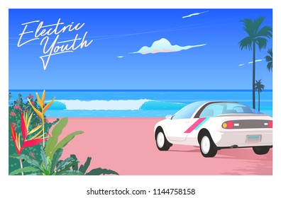 80's - 90's style beach paradise and car in 1990 style, nostalgic vaporwave illustration template.