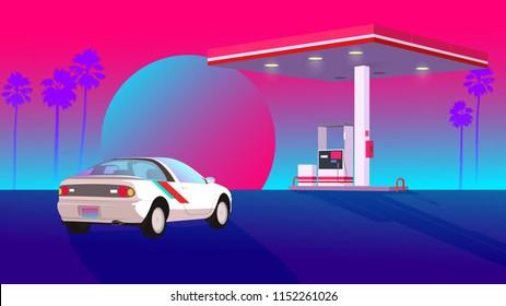 80's - 90's style space - desert gas station and vintage car.