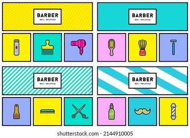 80's or 90's Stylish Icon Set with Retro Colours. Nostalgia. Barber Shop.