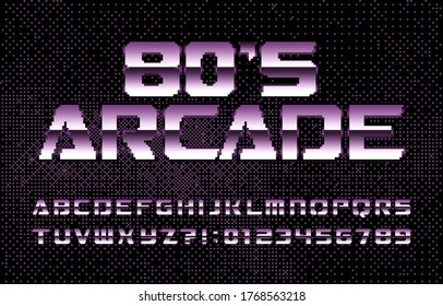 Fuente del alfabeto arcade de los años 80. Cartas y números de computadora. Fondo de píxeles. Escritura de videojuegos en cascada de los años 80.