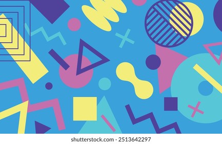 80s background with geometric vector shapes and elements. Colorful abstract composition in Memphis style.