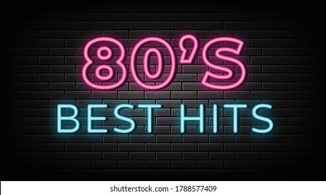 80's best hits neon sign, design element, light banner, announcement neon signboard.