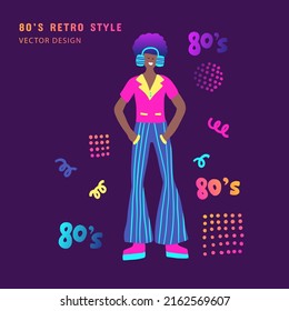 80s boy headphones vector cartoon music party character. Vector illustration
