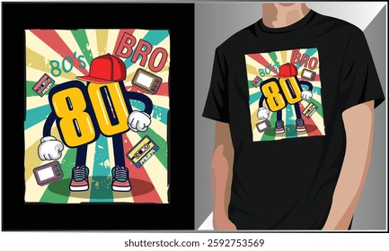 80's Bro T Shirt Design, 80's 90's Party Costume Vector, 1980s Fashion, Retro Cassette Tape T-Shirt, Vintage 80s Vector Illustration.