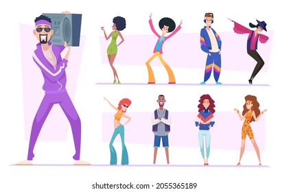 80s characters. Stylish disco people in casual clothes fashioned jackets pants and jeans vintage collection exact vector happy persons