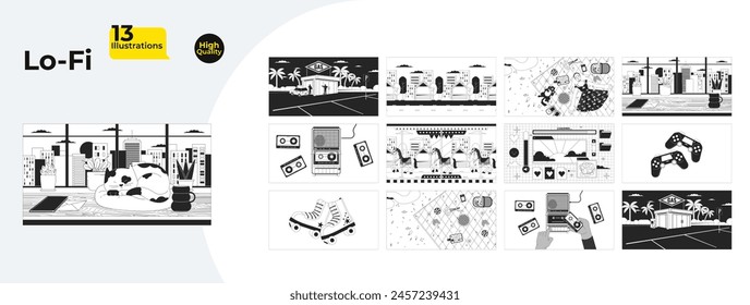 80s chillout retro black and white lofi wallpapers bundle. Gas station, picnic 2D outline cartoon flat illustrations collection. Carousel horses, roller skates, cassette tapes vector line lo fi set