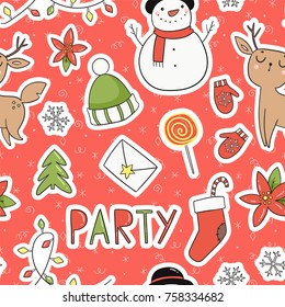 80s Christmas party seamless pattern. Cute, cozy and bright winter holiday theme wrapping paper tile. Merry christmas background in traditional retro red green yellow colors. Vector eps 10