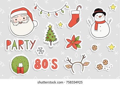 80s Christmas party sticker set. Cute, cozy and bright winter holiday theme stylish pins, patch template. Merry christmas illustrations in traditional retro red green yellow colors. Vector eps 10