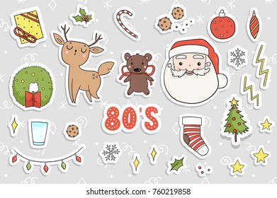 80s Christmas party sticker set. Cute, cozy and bright winter holiday theme stylish pins, patch template. Merry christmas illustrations in traditional retro red green yellow colors. Vector eps 10