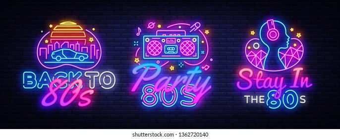 80's collection neon signs vector. Back to the 80s design template concept. Neon banner background design, night symbol, modern trend design. Vectro Illustration