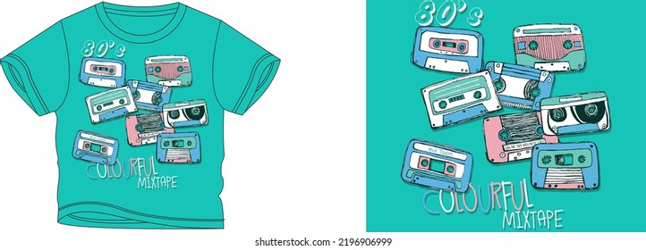 80's colourfull mixtape t-shirt design background color is a cyan and t-shirt color is a cyan beautiful color and beautiful design