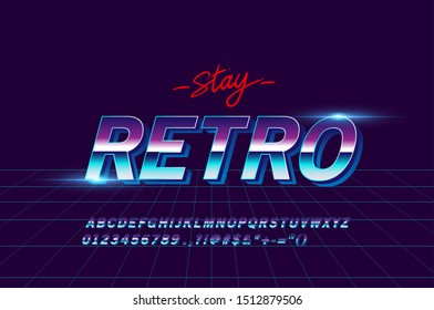 80s Disco alphabet font. Futuristic metal chrome letters. Bright Alphabet on dark background. Light Symbols Sign for night show in club. concept of galaxy space. Set of types.