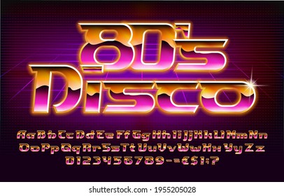 80s Disco alphabet font. Glowing letters, numbers and punctuations in 80s style. Uppercase and lowercase. Stock vector typeface for your typography design.