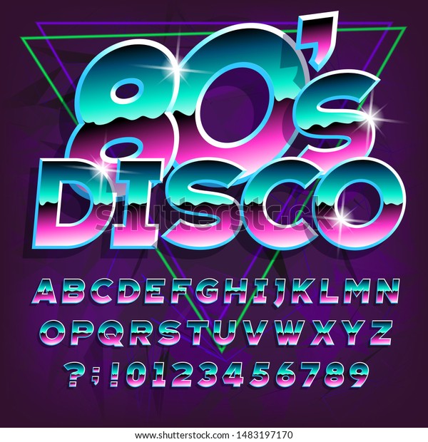 80s Discoアルファベットのフォント 暗い抽象的背景に文字と数字 レトロな80年代スタイルのタイポグラフィ用のストックベクター画像タイプスクリプト のベクター画像素材 ロイヤリティフリー