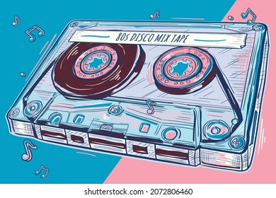 80s disco mix tape - drawn colorful musical audio cassette design