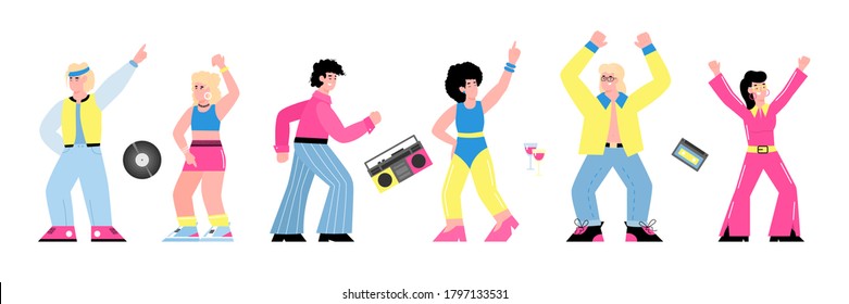 80s disco party banner with dancing people cartoon characters, flat vector illustration isolated on white background. Dance men and women in bright retro clothing.