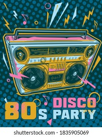 Fiesta disco de los años 80 - colorido afiche musical con boombox